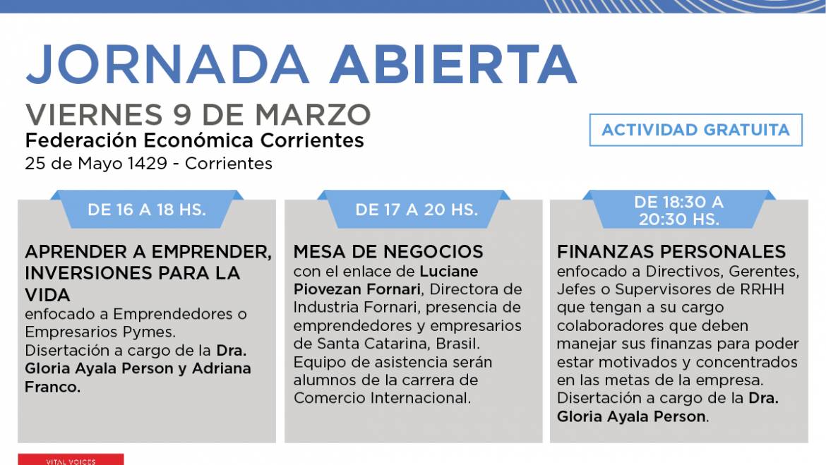 JORNADA ABIERTA, viernes 9 de marzo en la Federación Económica Corrientes.