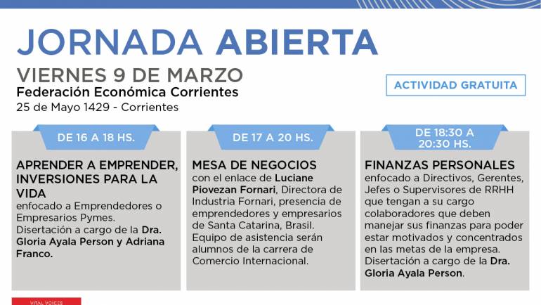 JORNADA ABIERTA, viernes 9 de marzo en la Federación Económica Corrientes.